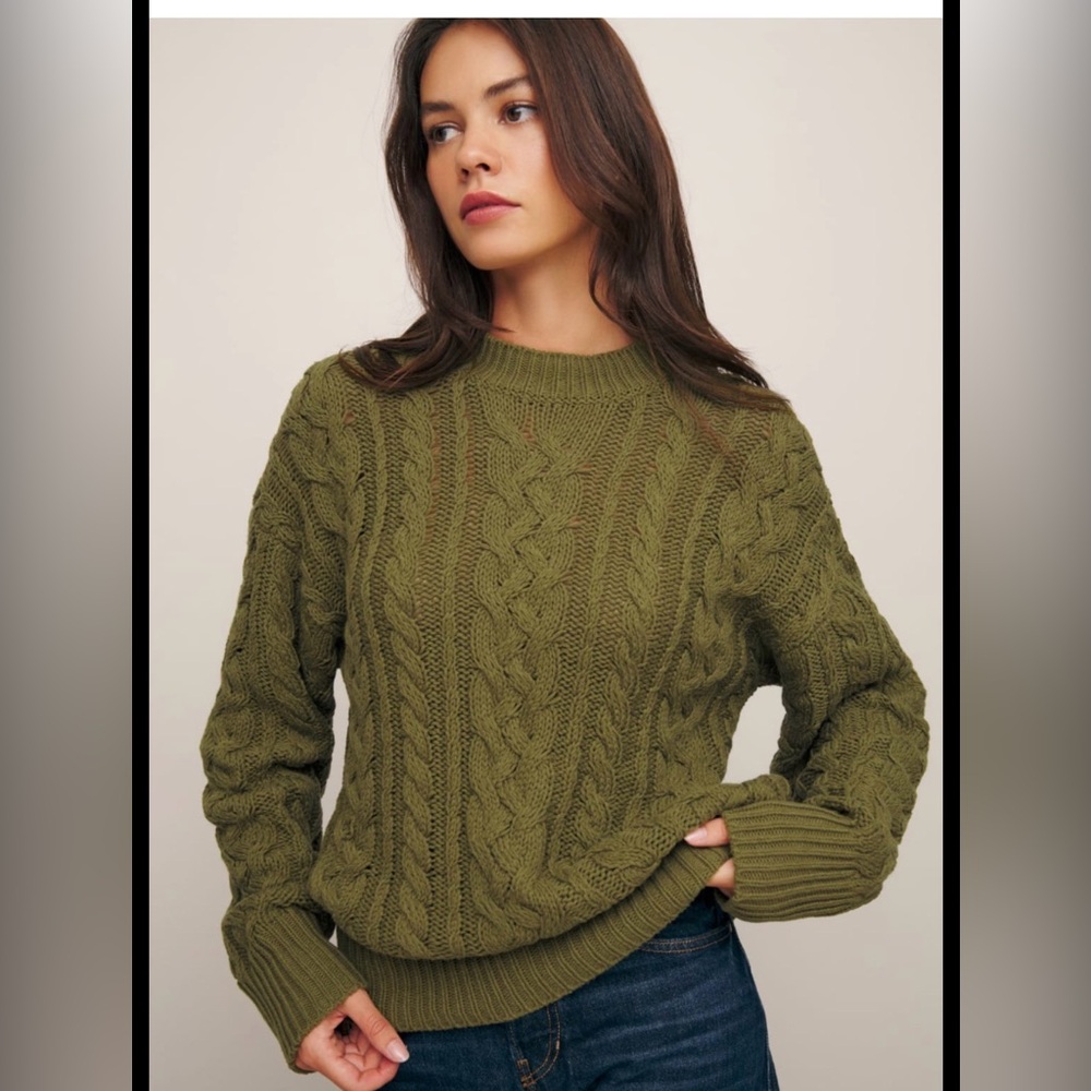Reformation Olive Cable Knit Crewneck Sweater Size L